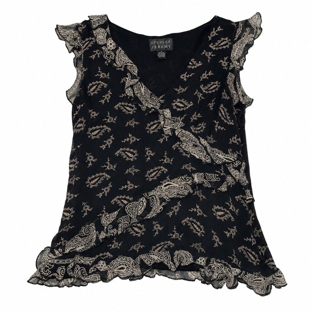 Spenser Jeremy Silk Blouse S Black Paisley Ruffle Asymmetrical Top Y2K
